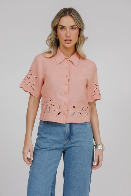 Camisa Cropped Linho Bordado Richelieu