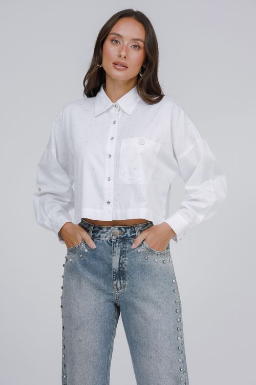 Camisa Cropped Tricoline Com Cristais