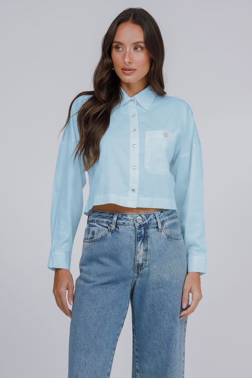 Camisa Cropped Tricoline Com Cristais