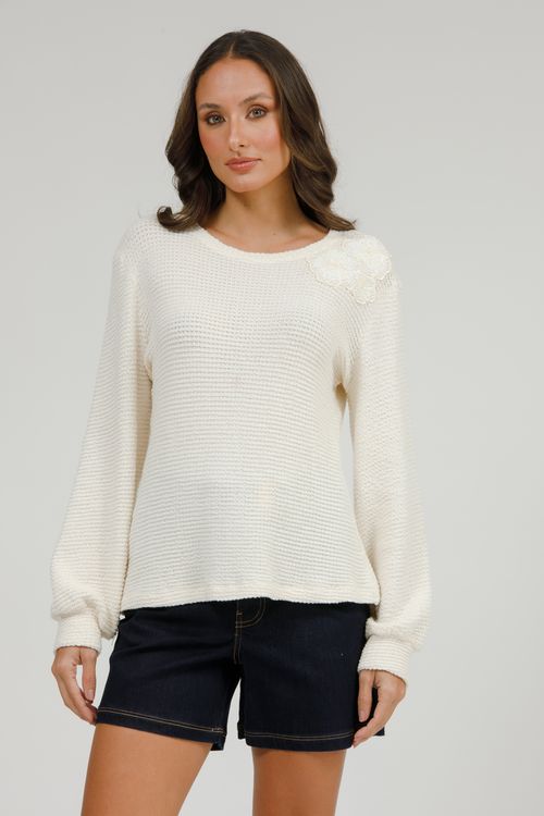 Blusa Malha Tricot Bordada Manga Longa