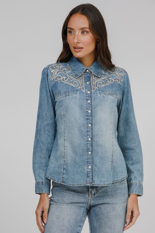 Camisa Feminina Jeans Bordada