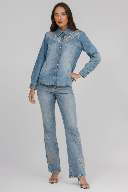 Camisa Feminina Jeans Bordada