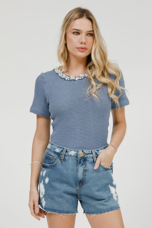 Blusa Malha Tricot Gola Bordada