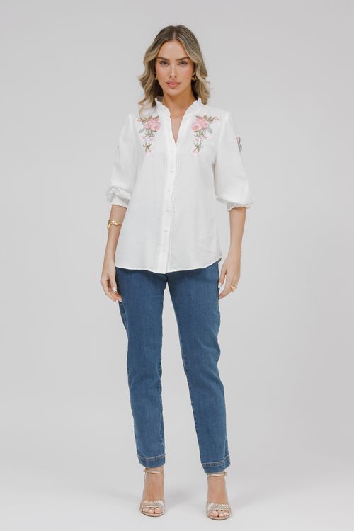 Camisa Viscolinho Com Bordado Floral