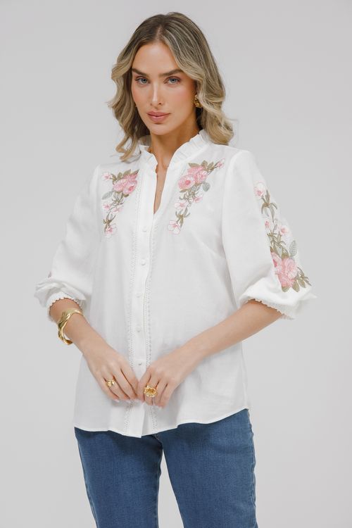Camisa Viscolinho Com Bordado Floral