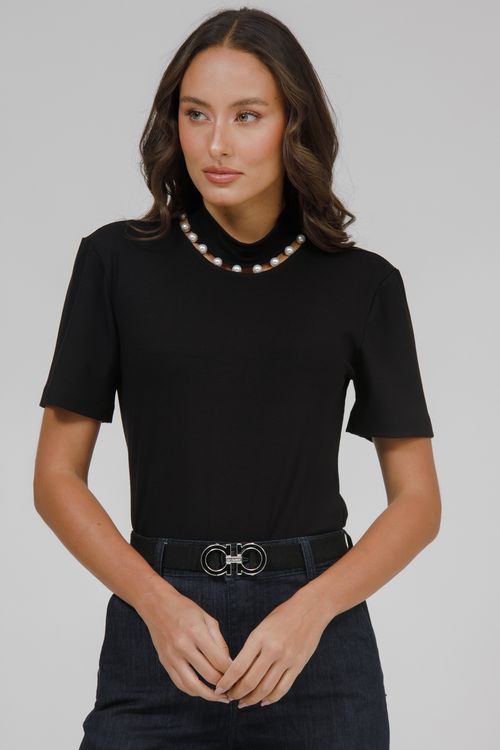 Blusa Malha Manga Curta Com Perolas
