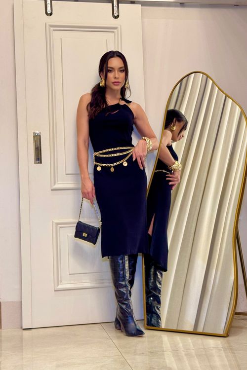 Vestido Midi Malha Canelada Assimétrico