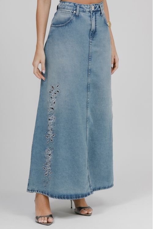 Saia Jeans Longa Bordada