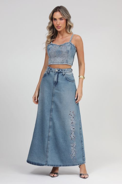 Saia Jeans Longa Bordada
