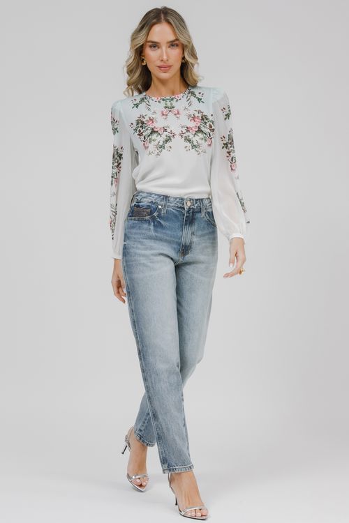 T-shirt Crepe E Malha Manga Longa Floral