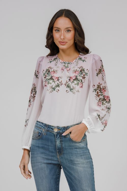 T-shirt Crepe E Malha Manga Longa Floral