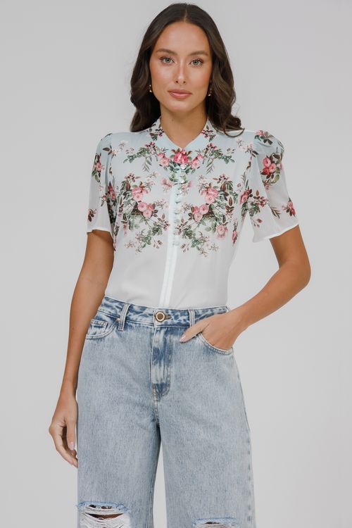 T-shirt Crepe E Malha Floral Com Botões