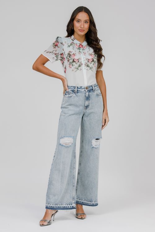 T-shirt Crepe E Malha Floral Com Botões