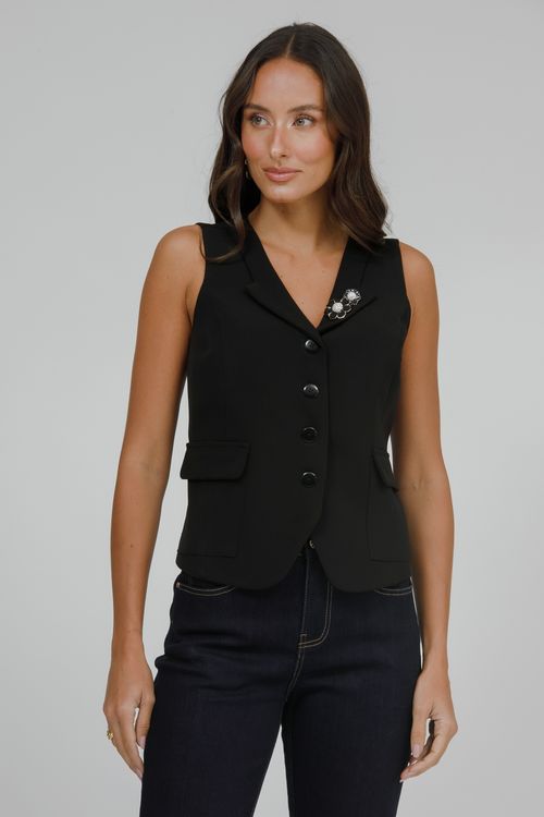 Colete Alfaiataria Com Bolsos E Broche