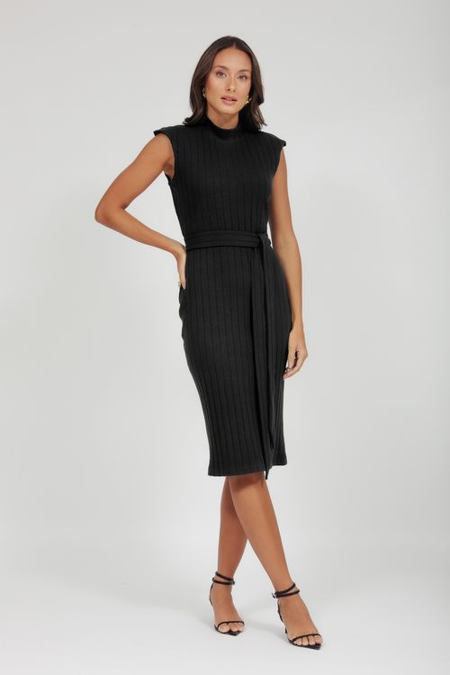 Vestido Midi Malha Canelada Com Faixa