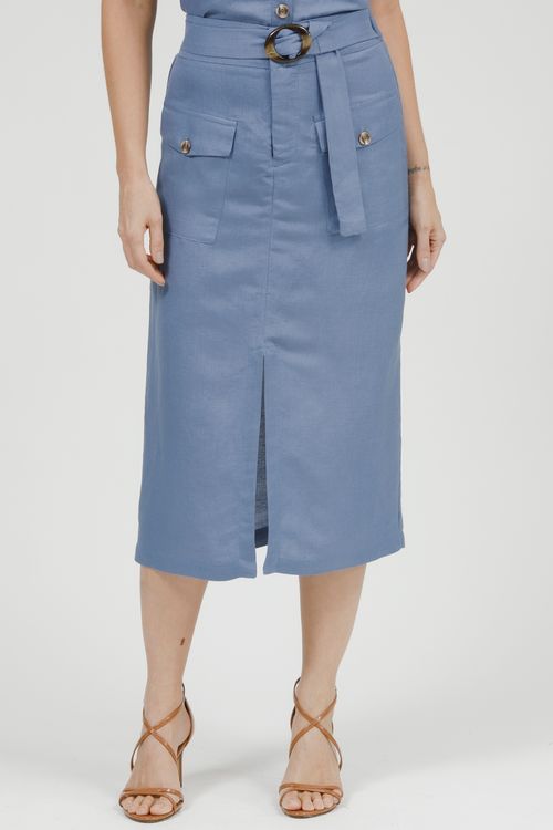 Saia Midi Linho Com Bolsos E Cinto