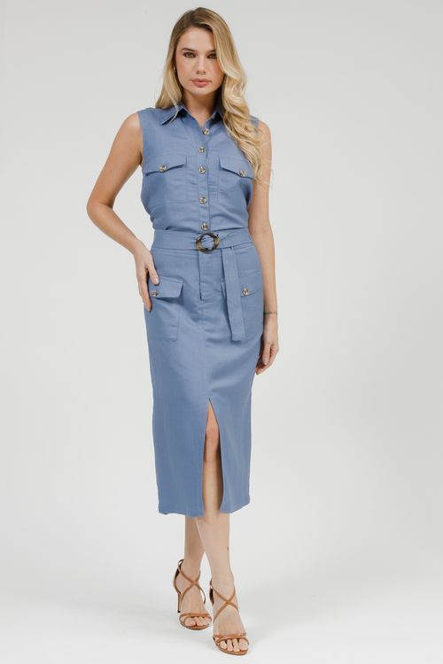 Saia Midi Linho Com Bolsos E Cinto