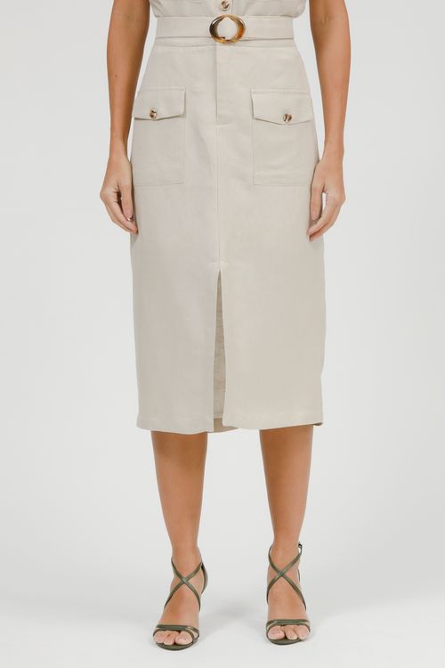 Saia Midi Linho Com Bolsos E Cinto