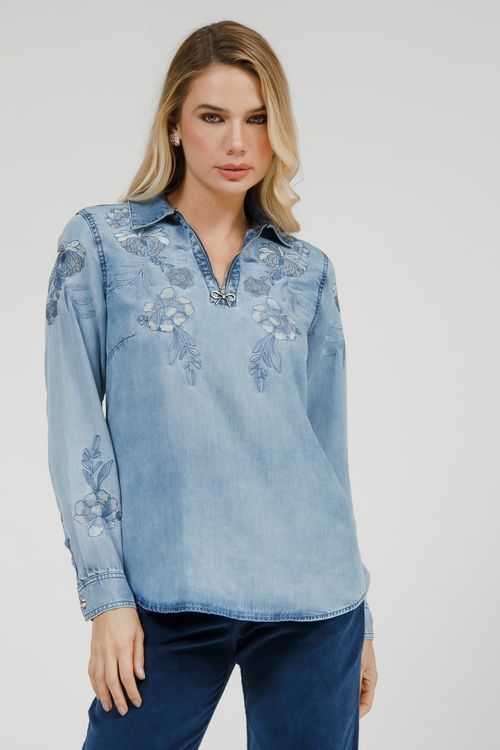Bata Feminina Jeans Manga Longa Bordada