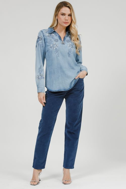 Bata Feminina Jeans Manga Longa Bordada