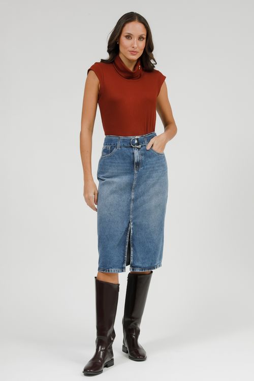 Saia Jeans Lápis Com Cinto