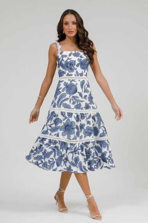 Vestido Midi Estampado Alça Com Babados