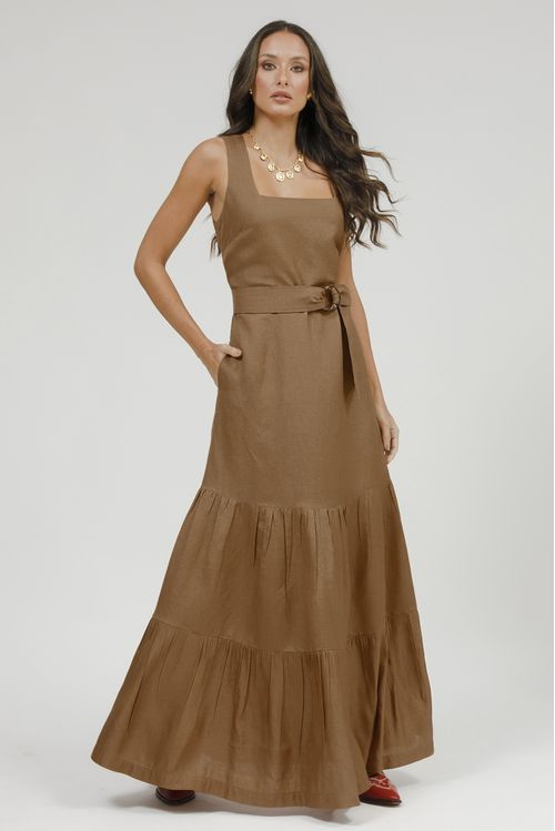 Vestido Longo Linho Com Babados