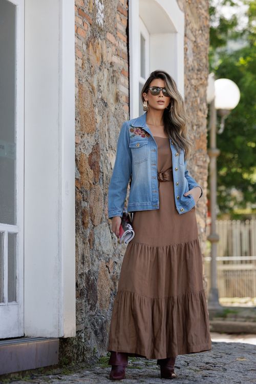 Vestido Longo Linho Com Babados