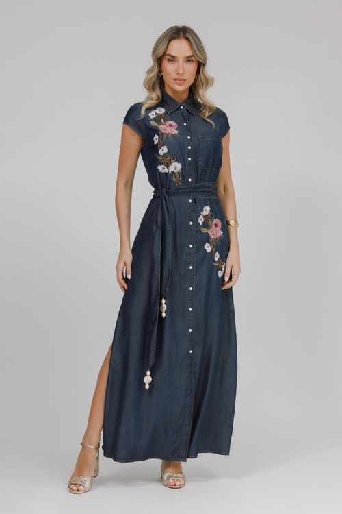 Vestido Jeans Longo Bordado