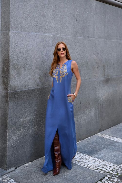 Vestido Longo Linho Cavado Com Bordado