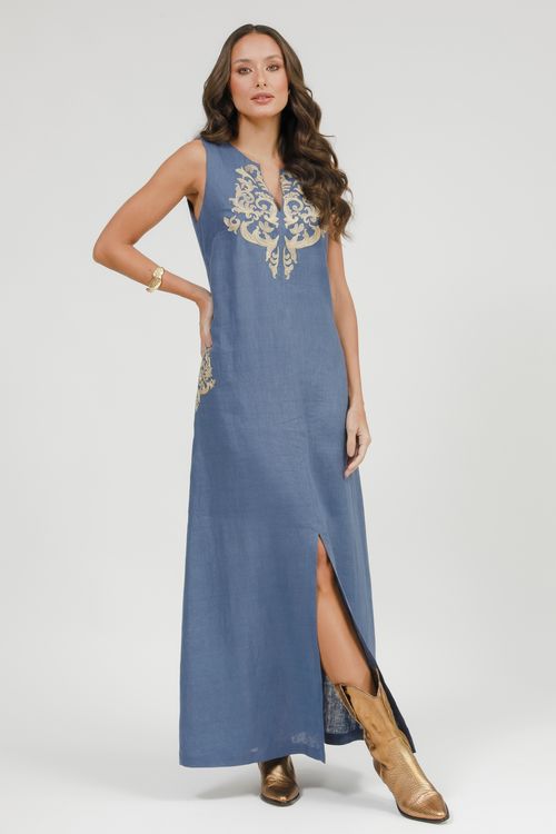 Vestido Longo Linho Cavado Com Bordado