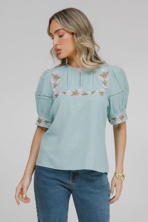 Blusa Viscolinho Bordado Floral E Rendas