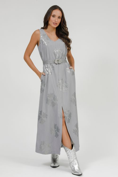 Vestido Longo Bordado Paetê Com Cinto