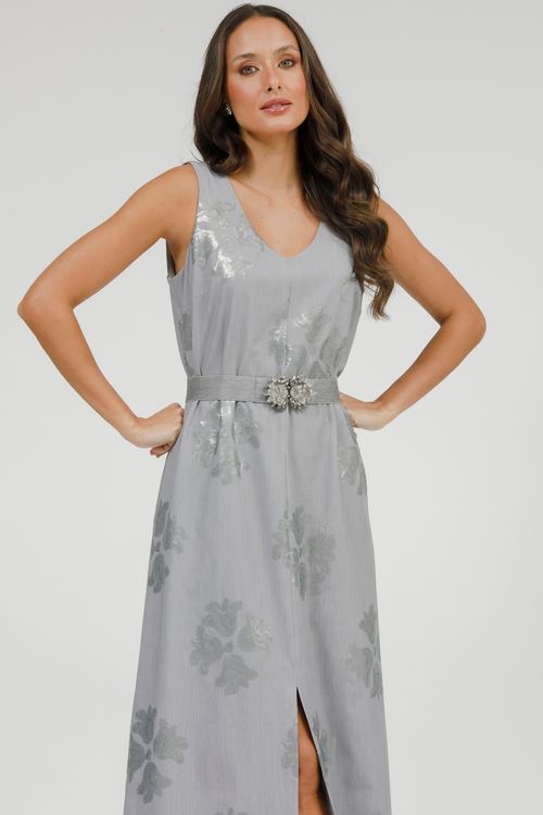 Vestido Longo Bordado Paetê Com Cinto