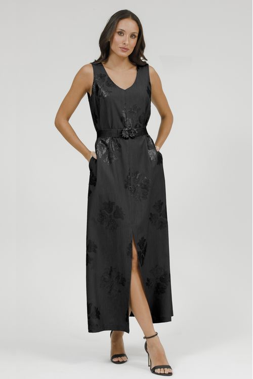 Vestido Longo Bordado Paetê Com Cinto