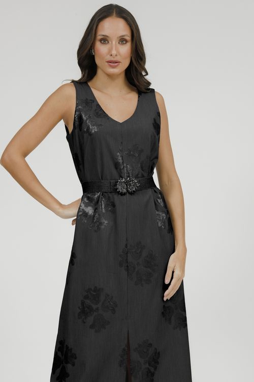 Vestido Longo Bordado Paetê Com Cinto