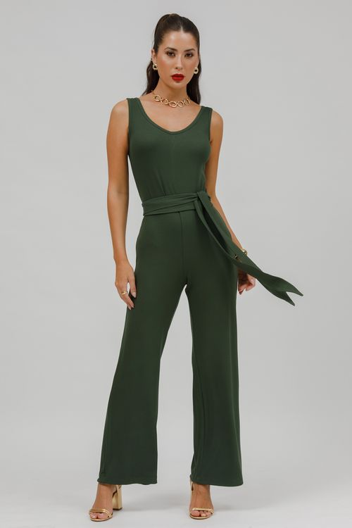 Macacão Malha Longo Cavado Com Faixa