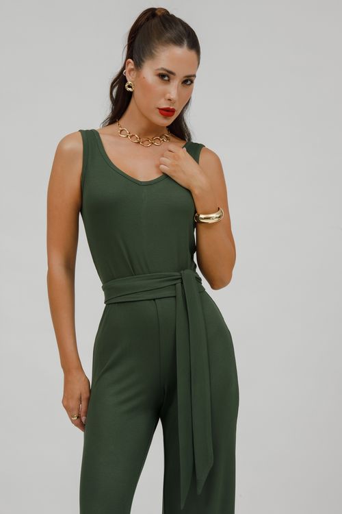 Macacão Malha Longo Cavado Com Faixa