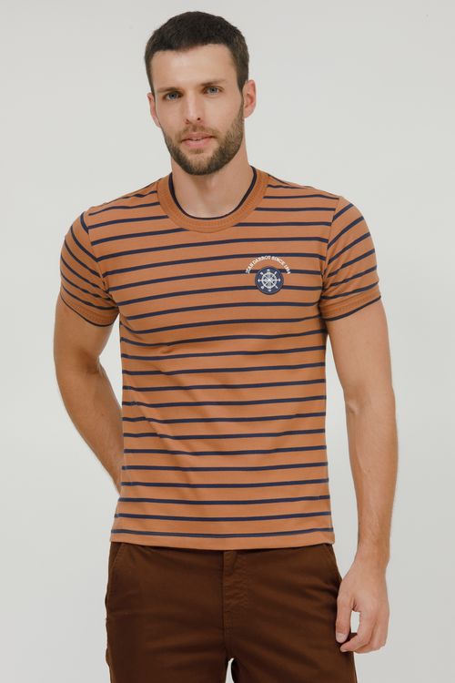 Camiseta Masculina Listrada Com Bordado
