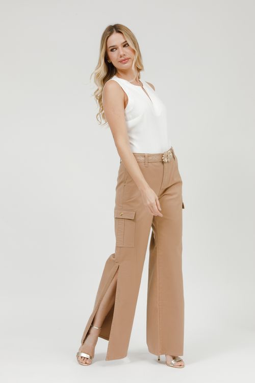Calça Feminina Sarja Wide Leg Cargo