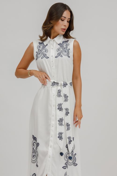 Vestido Longo Sarja Bordado