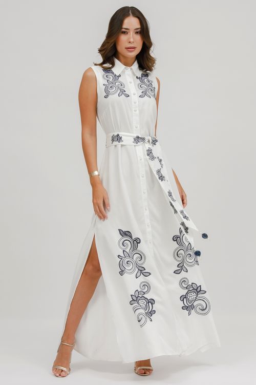 Vestido Longo sarja Bordado
