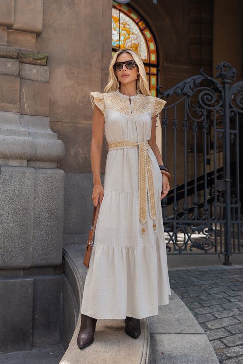 Vestido Longo linho Com Bordados Gregos
