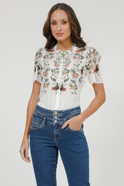 T-shirt Crepe E Malha Floral Com Botões