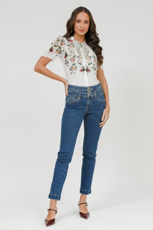 T-shirt Crepe E Malha Floral Com Botões