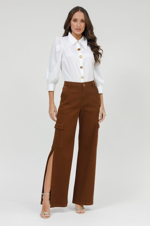 Calça Feminina Sarja Wide Leg Cargo