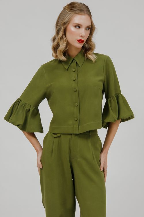 Camisa Feminina Cropped Manga Balonê