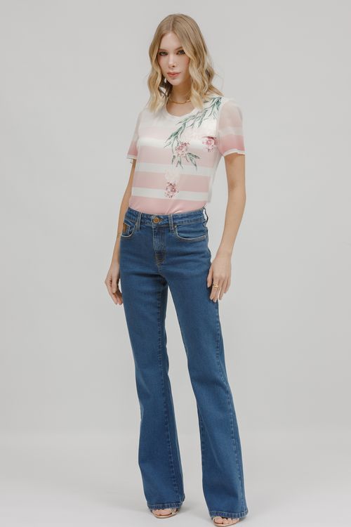 T-shirt Malha Floral E Listras