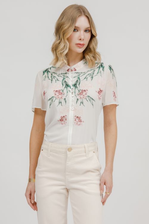T-shirt Crepe E Malha Floral Com Botões