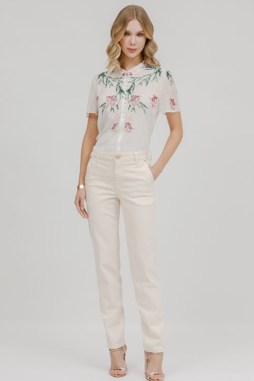 T-shirt Crepe E Malha Floral Com Botões